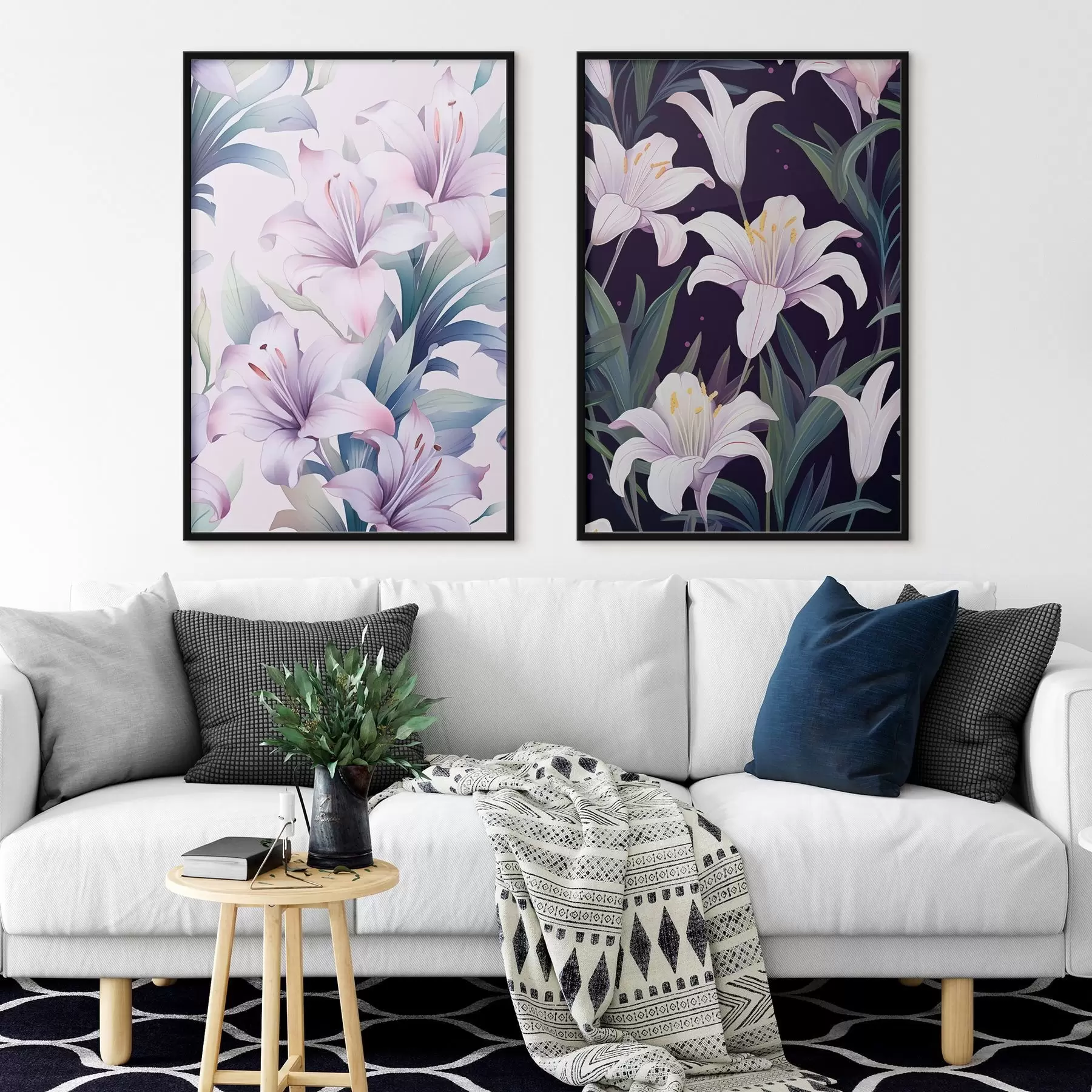 Fotobehang Delicate roze lelies met groene bladeren op lichte en donkere achtergrond d00689