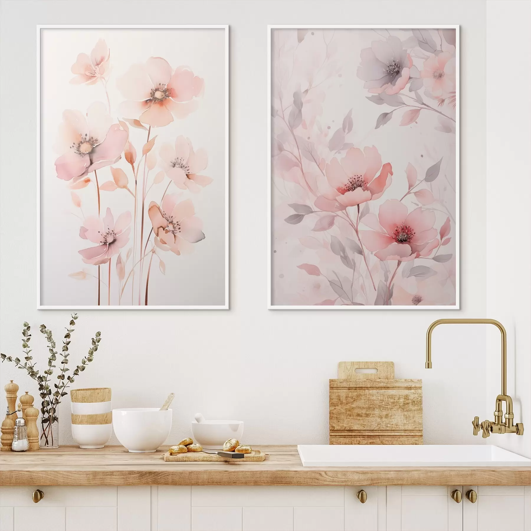 Fotobehang Aquarelroze bloemen op dunne stelen d00690