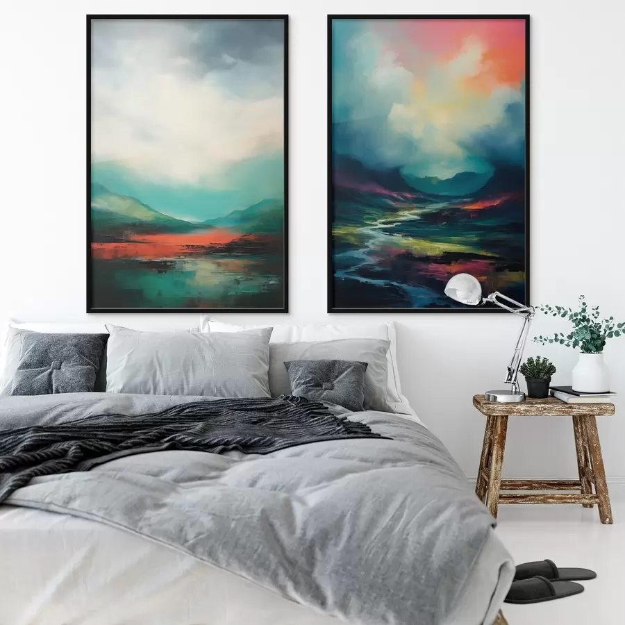 Papier peint photo Paysage abstrait avec nuages dans les tons turquoise et rouge d00691