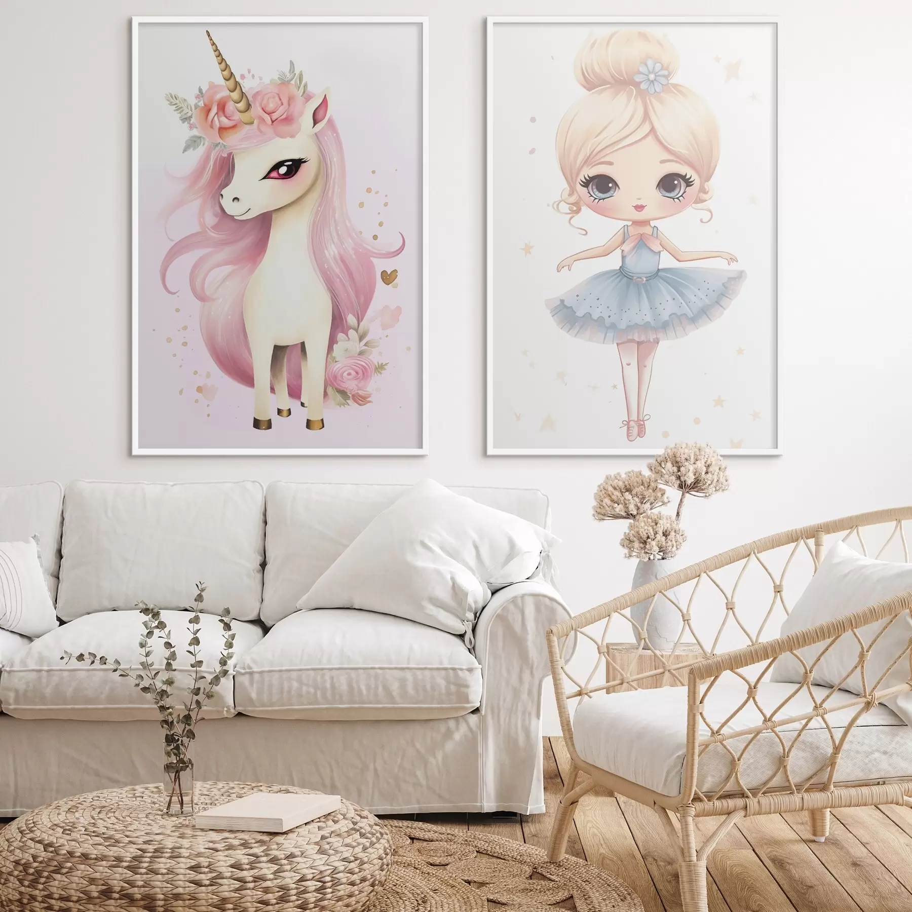 Fotobehang Ballerina pop in een blauwe jurk en eenhoorn met roze manen d00692