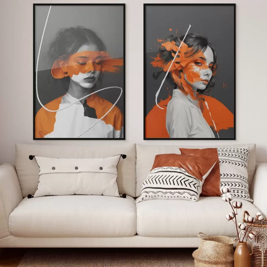 Papier peint photo Portraits de filles avec des coups de pinceau abstraits de couleur orange d00693