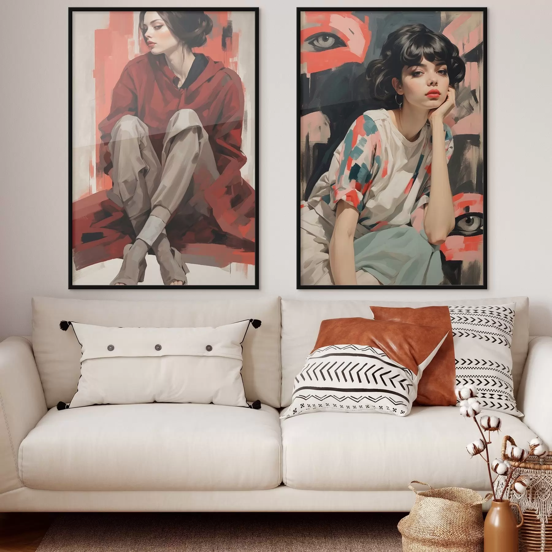 Fotobehang Portretten van meisjes in rood en beige abstracte stijlen d00695