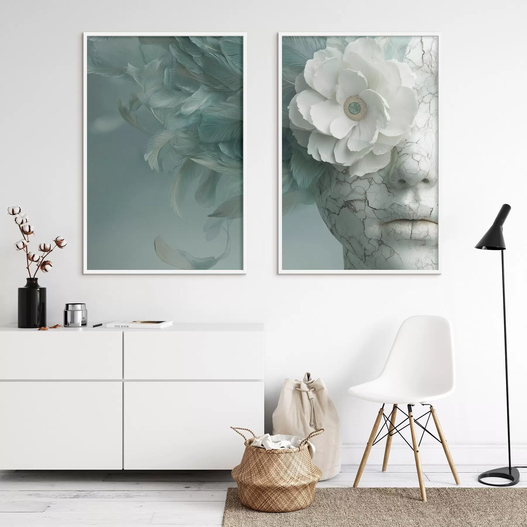 Papier peint photo visage en marbre d'une fille avec une fleur et des plumes d00699