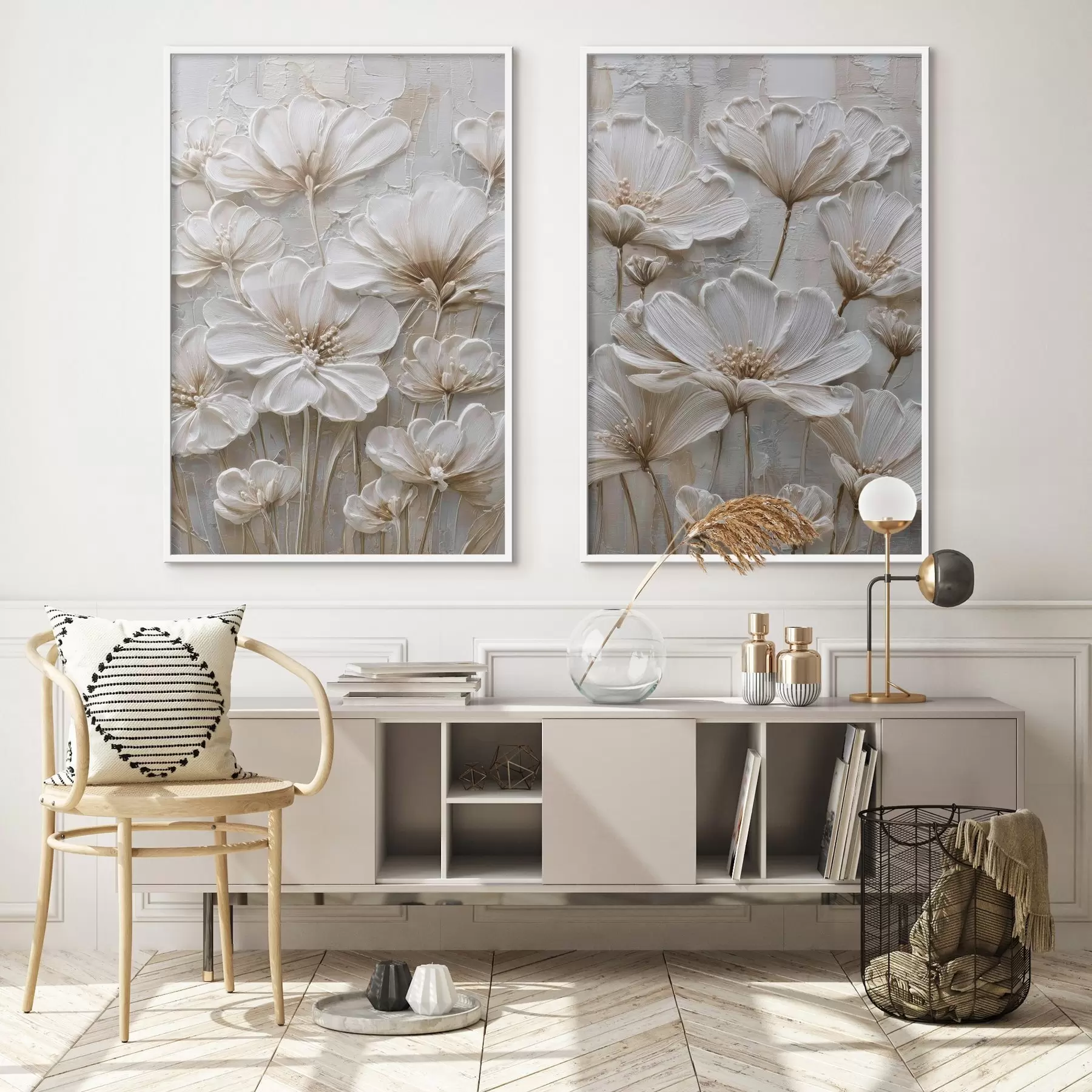 Fotobehang crèmekleurige bloemen in imitatie-impastostijl d00701