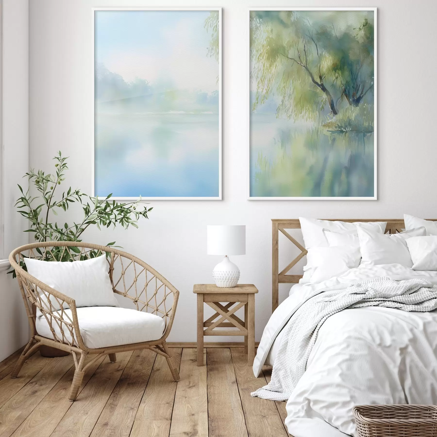 Fotobehang wilgenboom aan de oever van het meer in aquarelstijl d00702