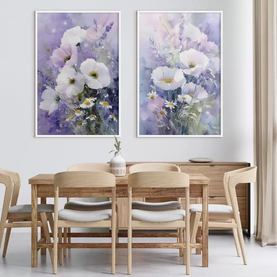 Papier peint photo bouquet aquarelle dans les tons lilas et blanc d00704