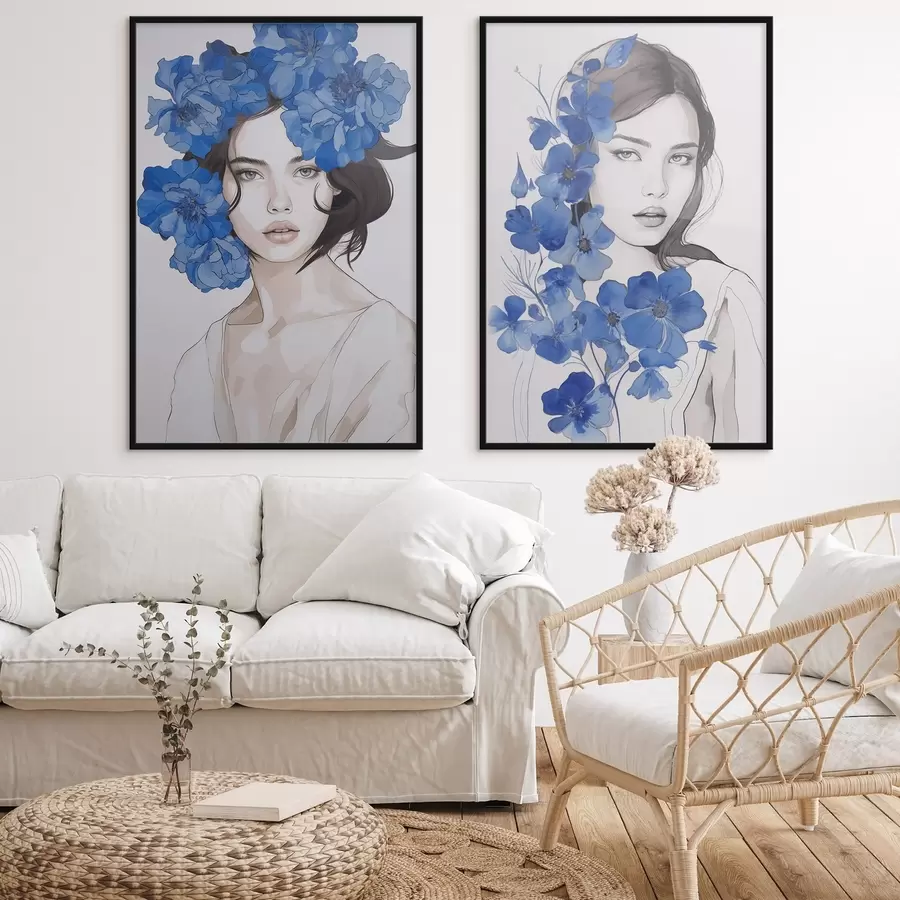 Papier peint photo Portrait d'une jeune fille avec des fleurs bleues d00721