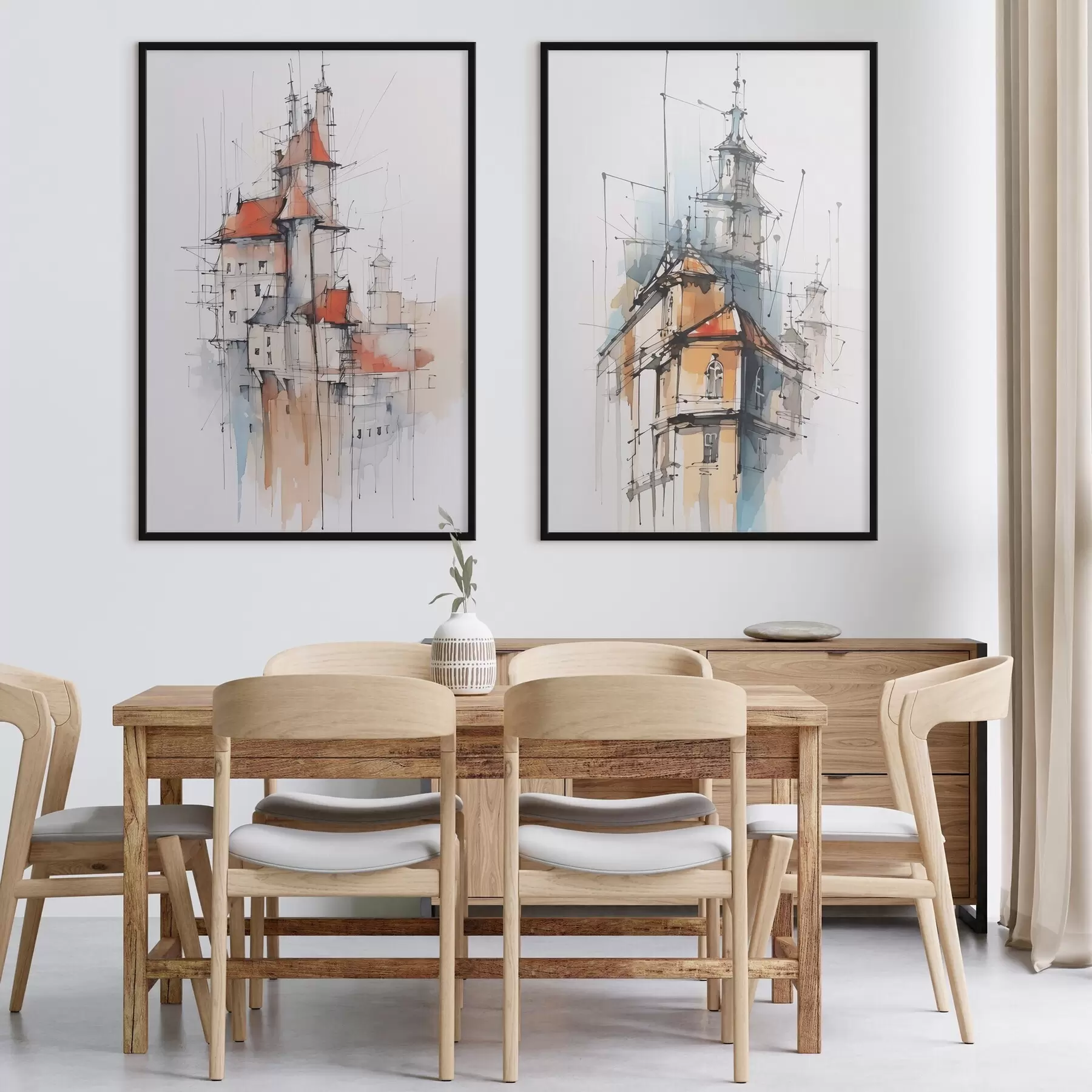 Fotobehang Huizen imitatie schets en aquarel d00725