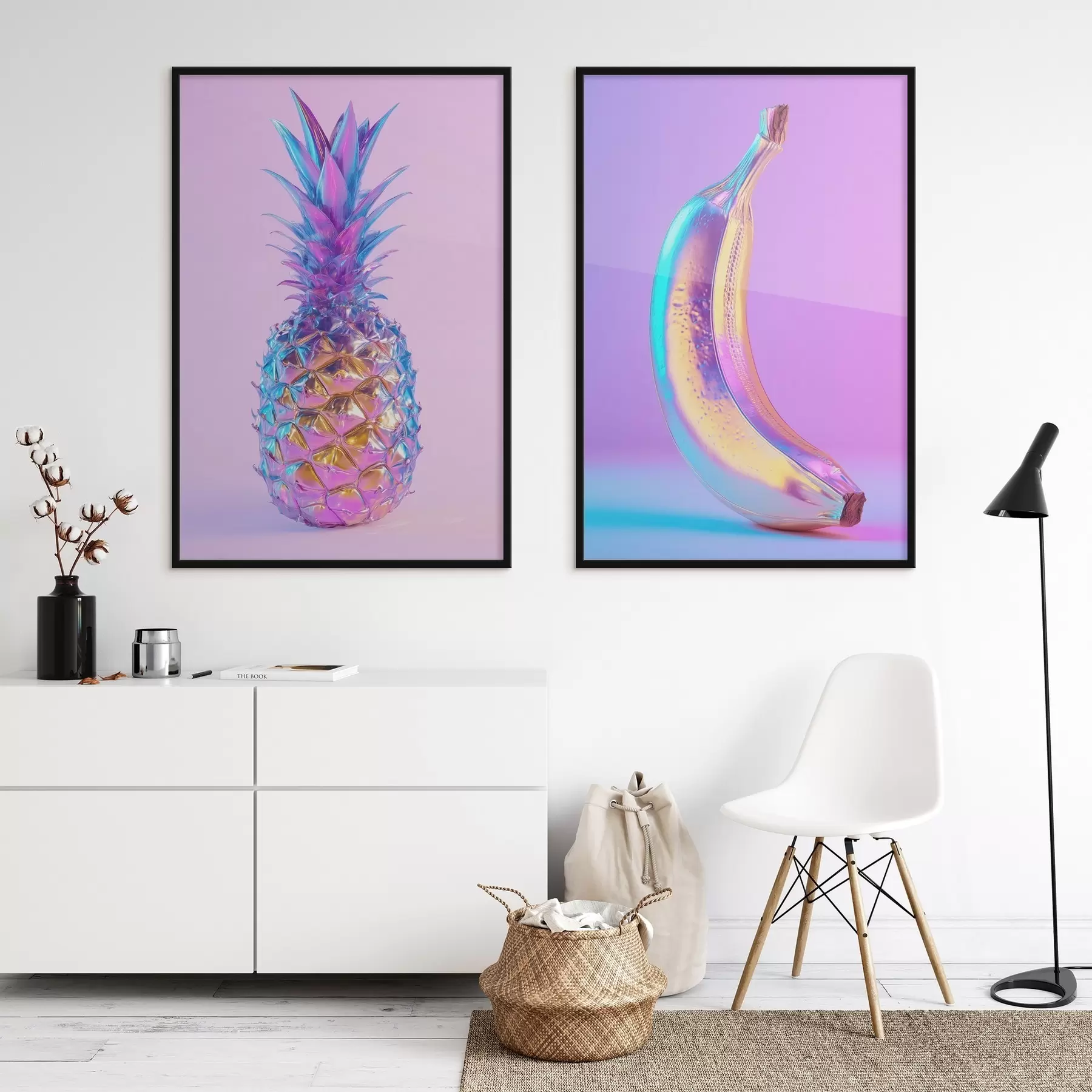 Fotobehang heldere glanzende ananas en banaan in popartstijl d00737