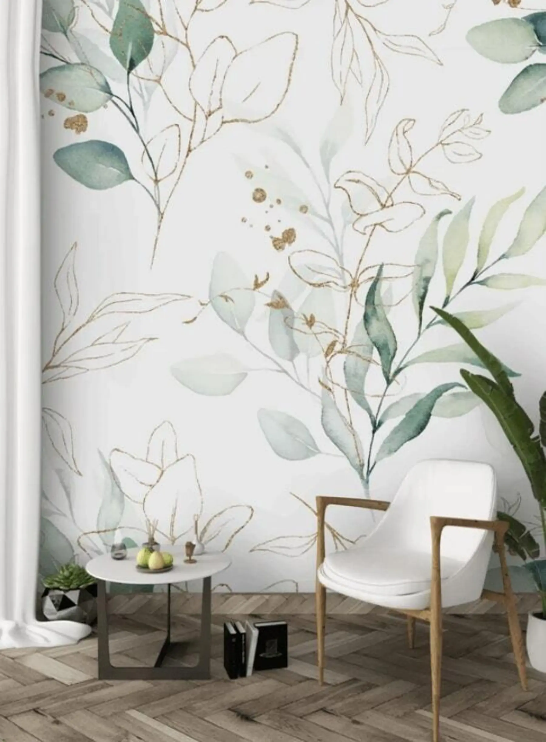 Fotobehang Groene bladeren in aquarelstijl u71464