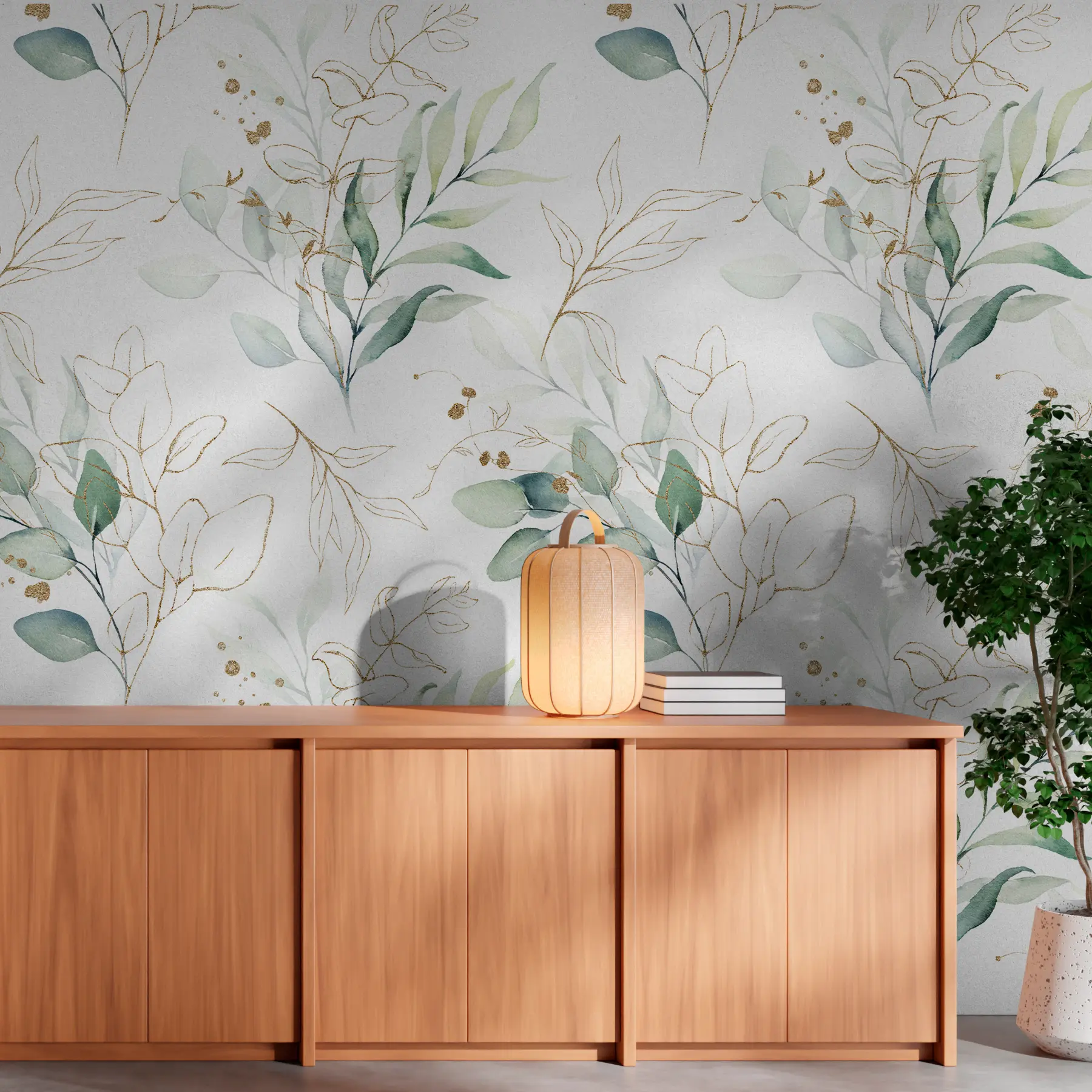 Fotobehang Groene bladeren in aquarelstijl u71464