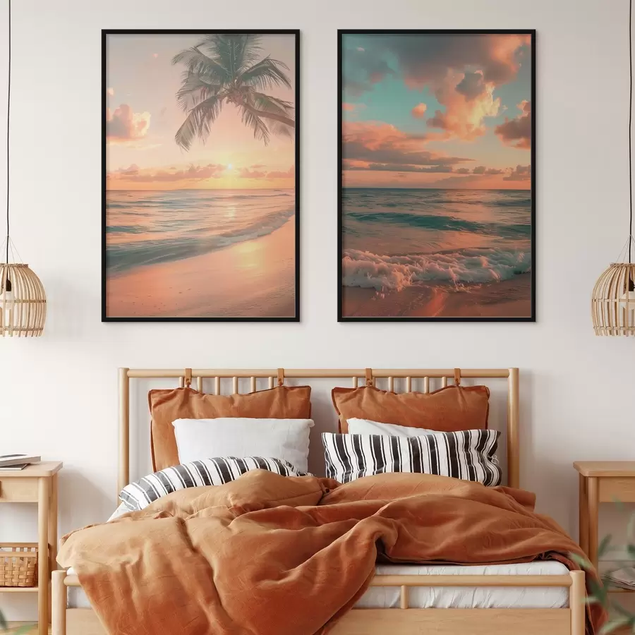 Papier peint photo Coucher de soleil sur la côte avec vue sur les vagues d00787