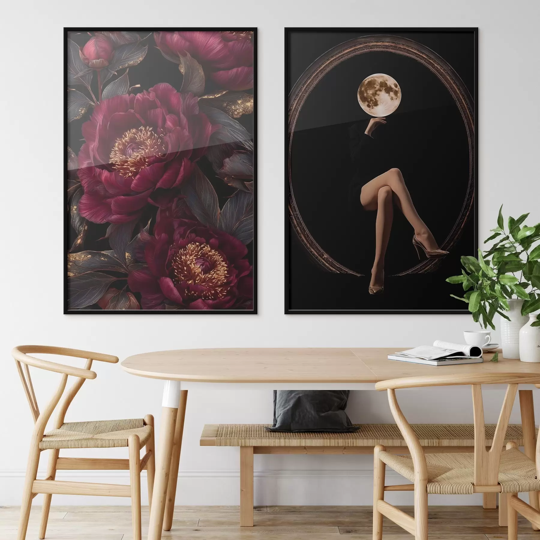 Fotobehang Bordeauxrode pioenrozen en een silhouet met maankop op zwart d00765