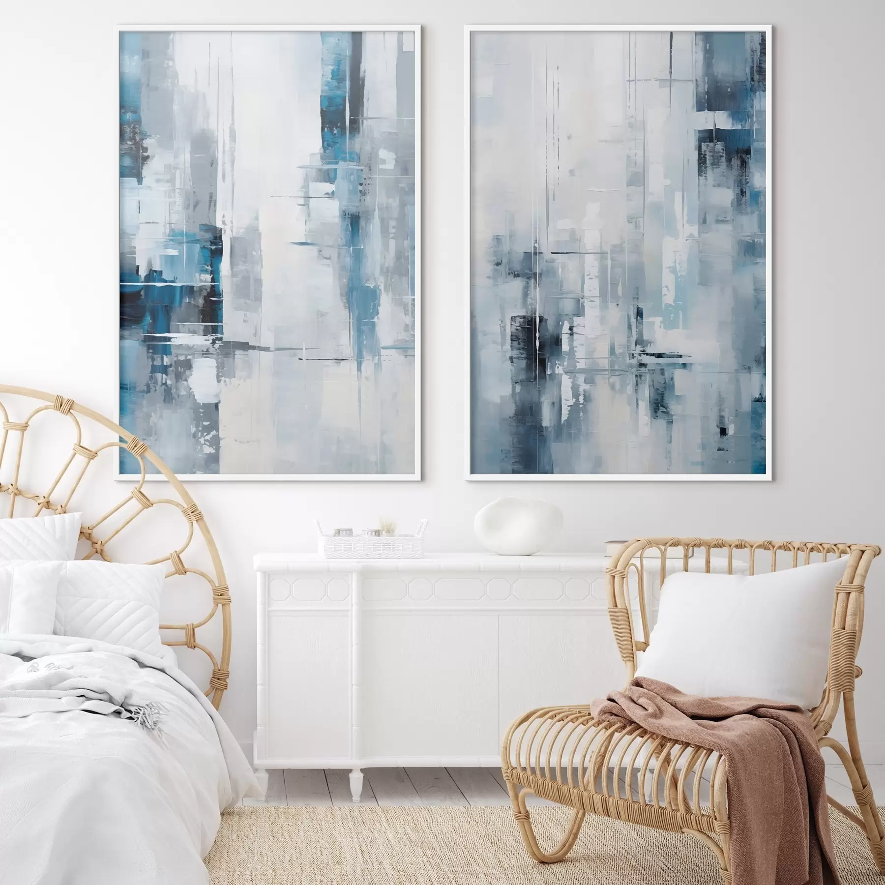 Fotobehang Abstracte schilderijimitatie met blauwe, grijze en witte kleuren, verticale lijnen en geometrische vormen d00819