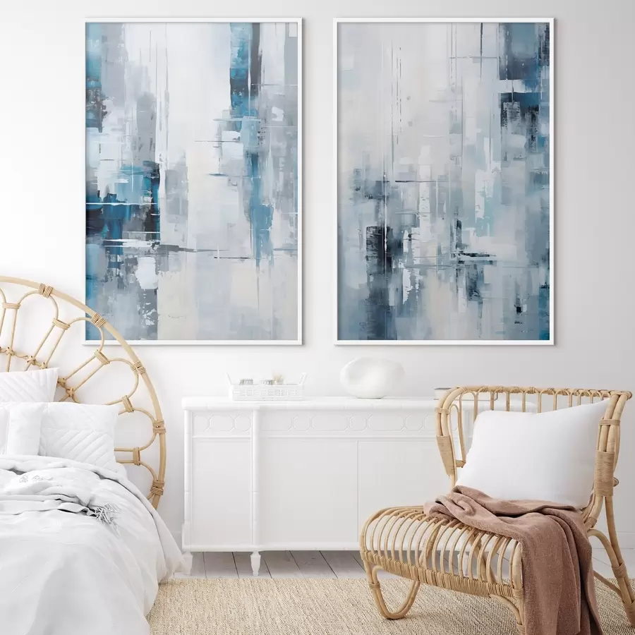 Papier peint photo Imitation de peinture abstraite avec des couleurs bleues, grises et blanches, des lignes verticales et des formes géométriques d00819