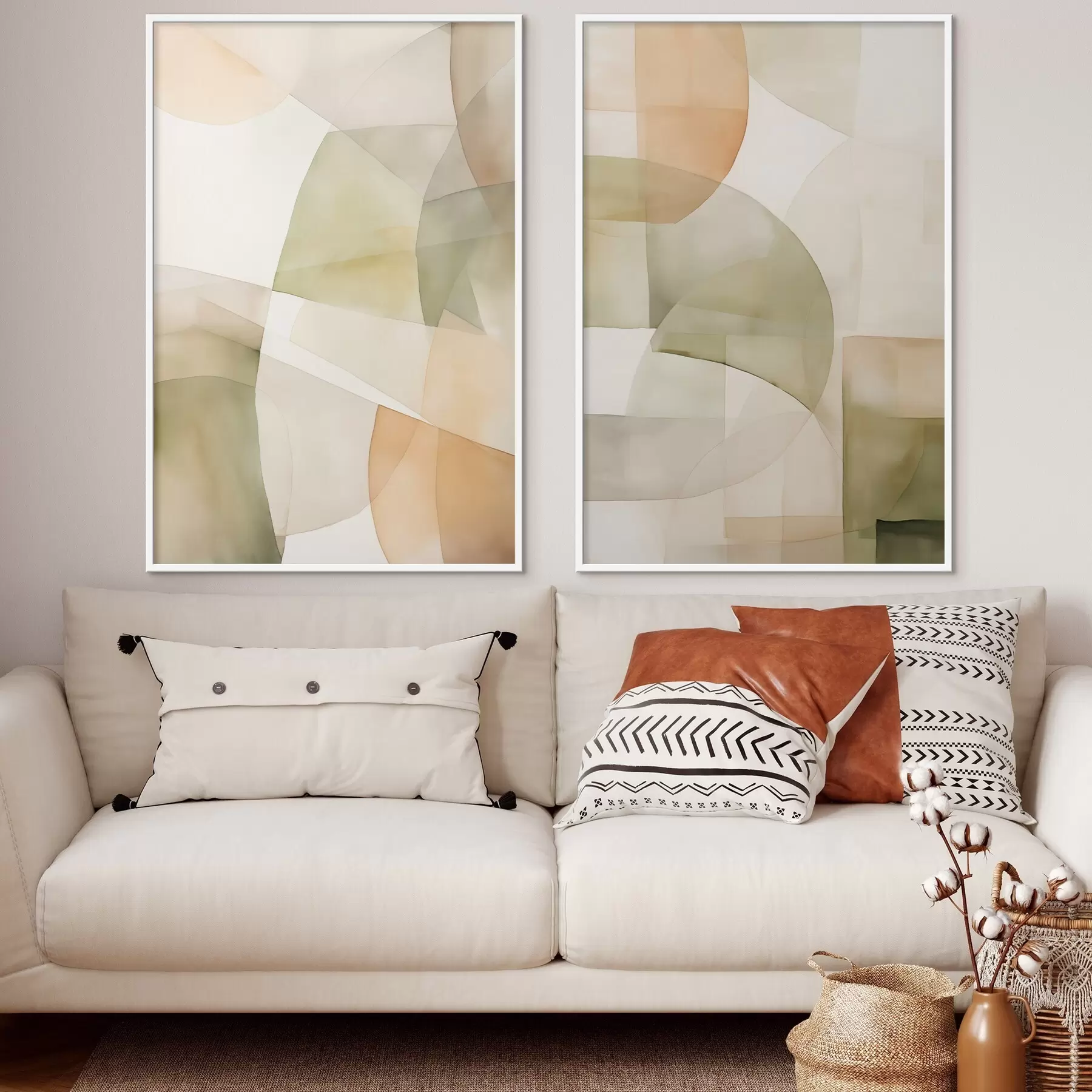 Fotobehang Abstracte geometrische vormen met waterverftextuur in tinten groen, bruin en beige d00820