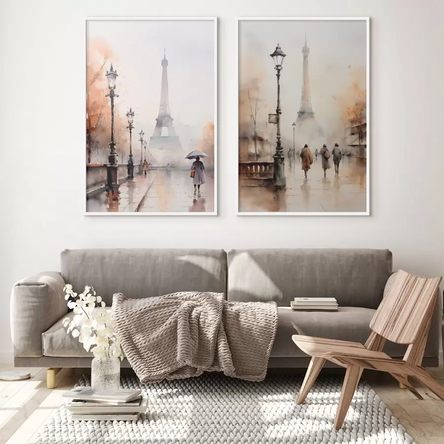 Papier peint photo Une journée pluvieuse d'automne à Paris avec la Tour Eiffel en arrière-plan et des lampadaires vintage d00821