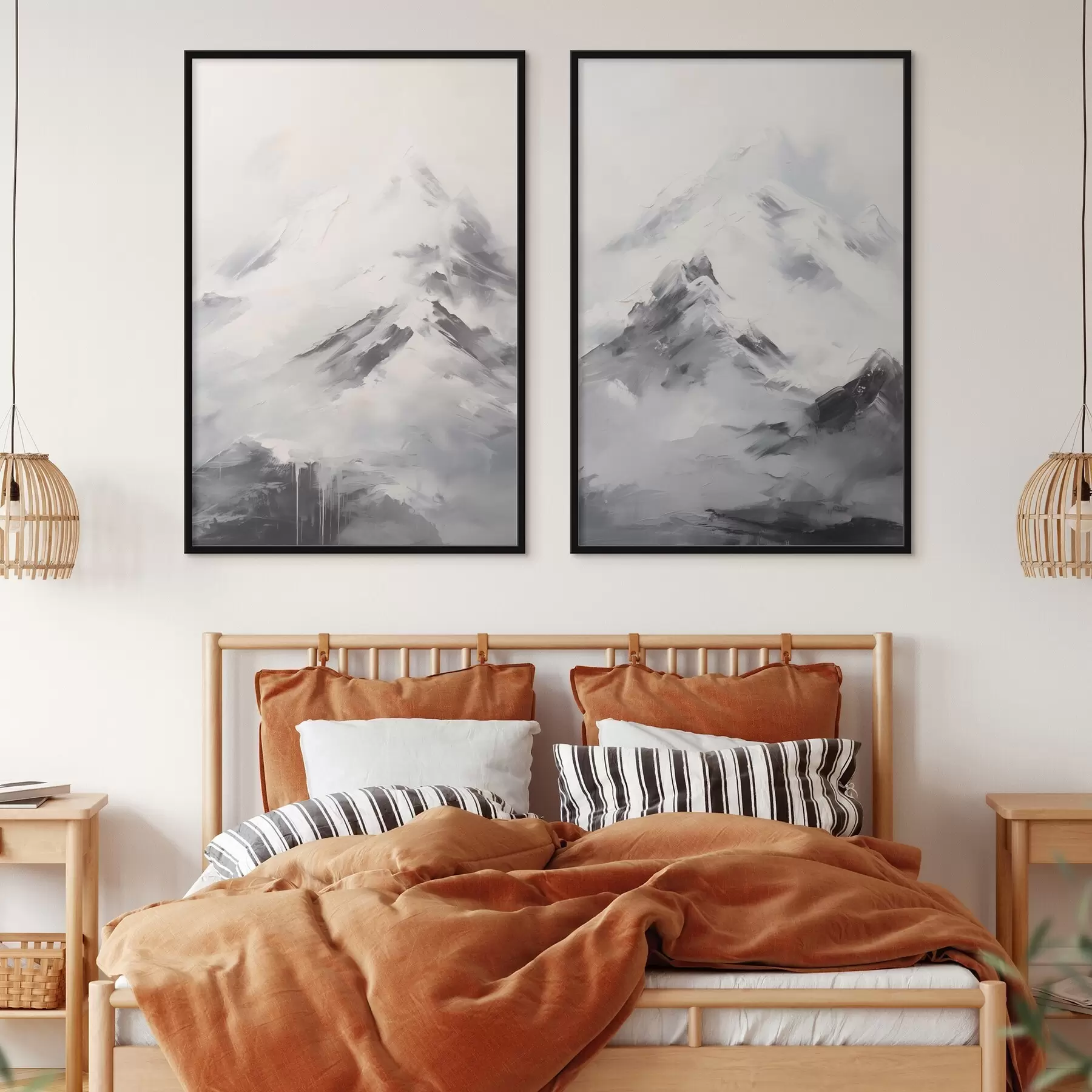 Papier peint photo Sommets enneigés avec des ombres grises, ciel gris, coups de pinceau, texturé, minimaliste d00822