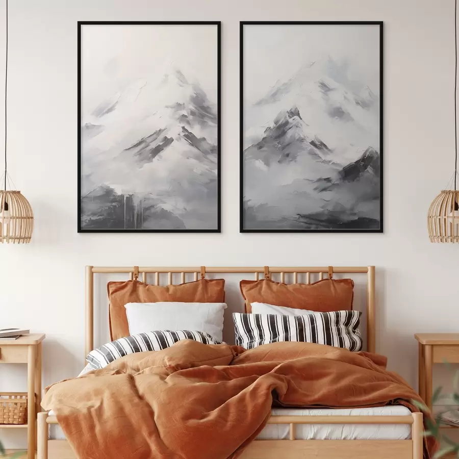 Papier peint photo Sommets enneigés avec des ombres grises, ciel gris, coups de pinceau, texturé, minimaliste d00822