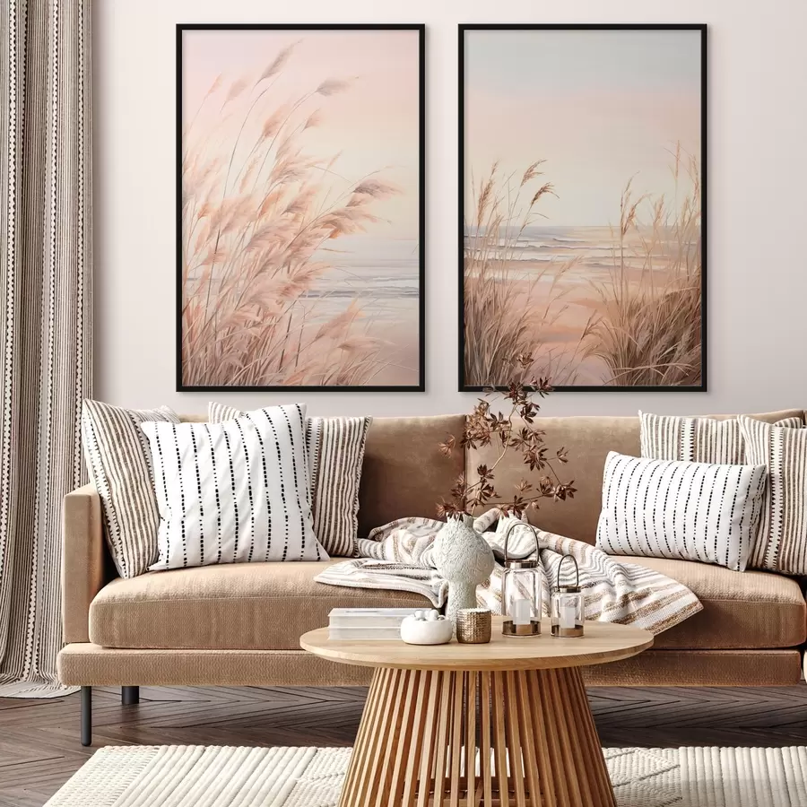 Papier peint photo Herbe de la pampa avec une palette de couleurs orange pastel, un ciel rose pâle, un paysage paisible d00823