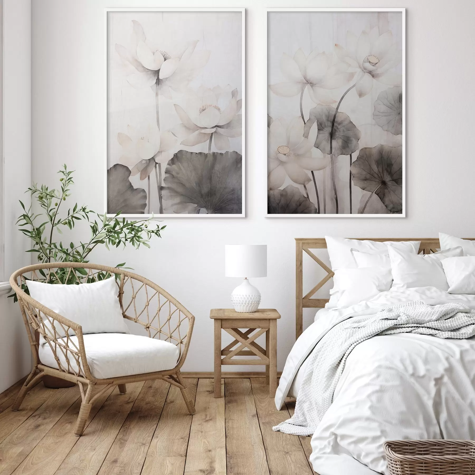 Papier peint photo Fleurs de lotus blanches texturées avec des feuilles foncées, fond clair, design minimaliste d00824