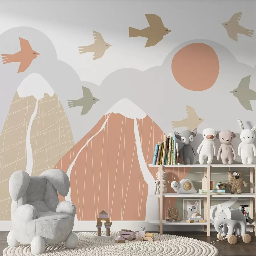 Fotobehang Scandinavische bergen en vogels w05166