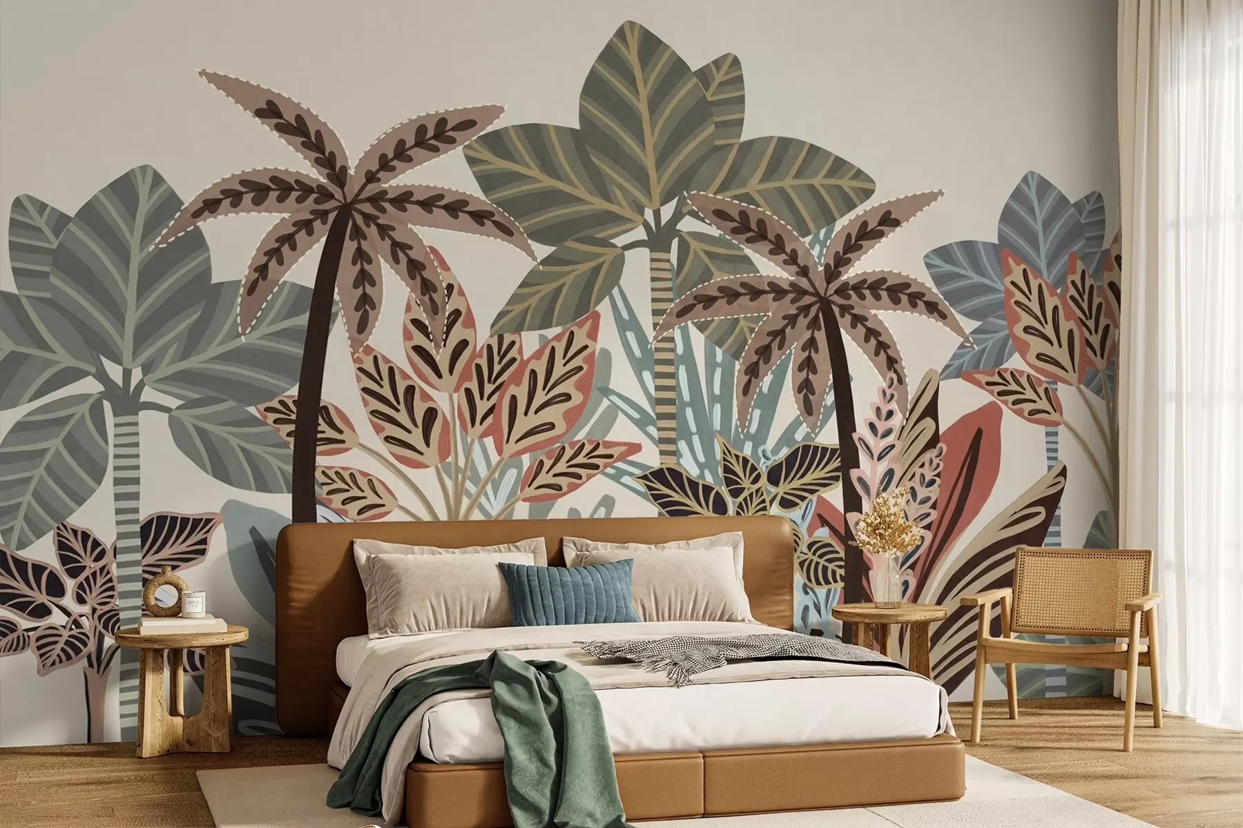 Fotobehang Getextureerde tropische planten en palmbomen met gedempte kleuren in decoratieve boho-stijl tegen een crèmekleurige achtergrond w09639