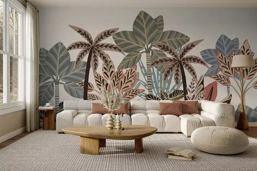 Fotobehang Getextureerde tropische planten en palmbomen met gedempte kleuren in decoratieve boho-stijl tegen een crèmekleurige achtergrond w09639