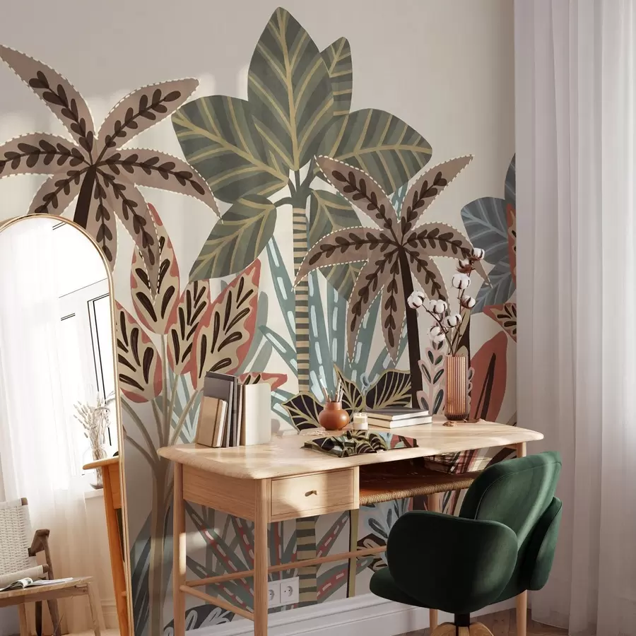 Fotobehang Getextureerde tropische planten en palmbomen met gedempte kleuren in decoratieve boho-stijl tegen een crèmekleurige achtergrond w09639