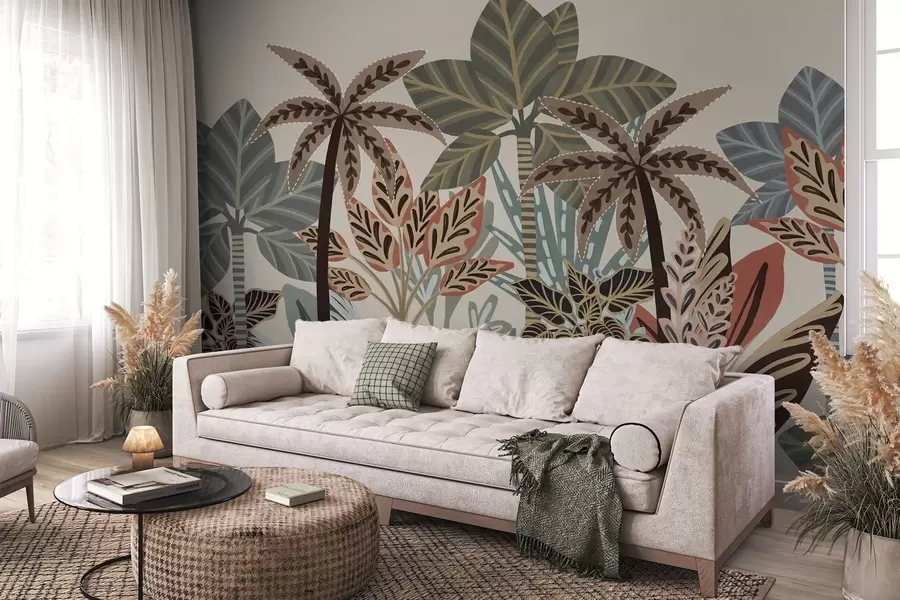 Fotobehang Getextureerde tropische planten en palmbomen met gedempte kleuren in decoratieve boho-stijl tegen een crèmekleurige achtergrond w09639