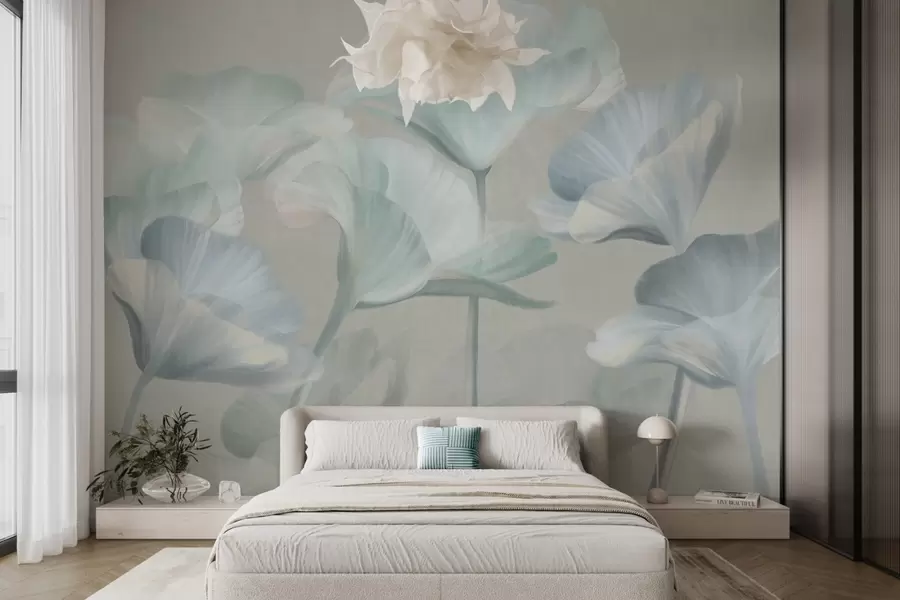 Fotobehang Lichtturquoise, doorschijnende lotusbloemen met delicate bloemblaadjes tegen een gedempte grijze achtergrond w09640v2