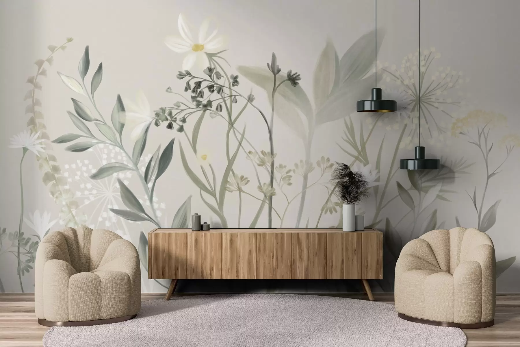Fotobehang Delicate wilde bloemen en bladeren met een subtiele textuur in gedempte groene en crèmekleurige tinten tegen een zachte beige achtergrond w09641