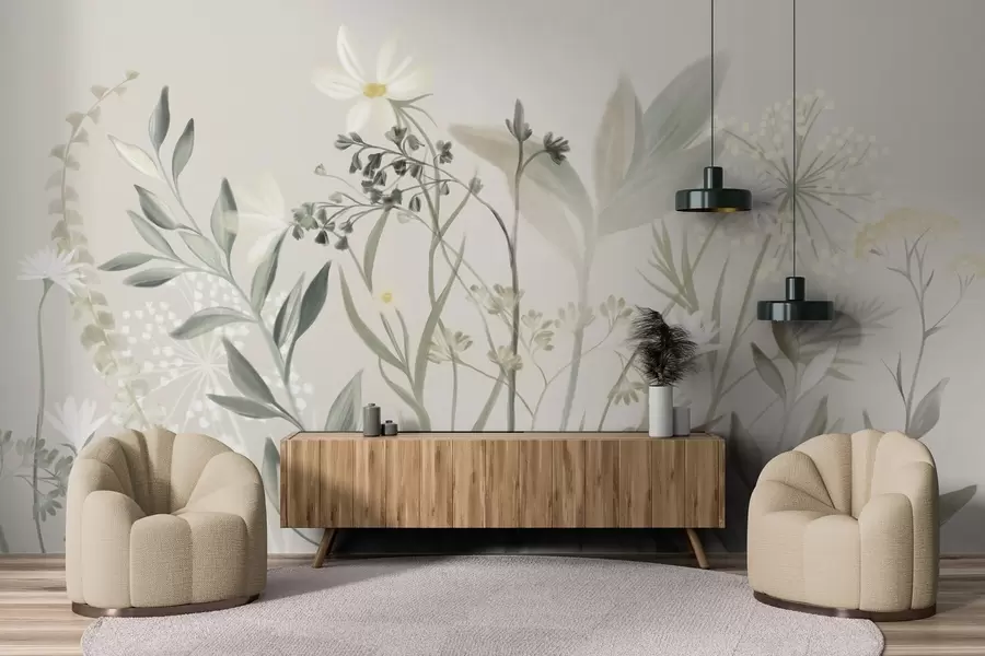 Fotobehang Delicate wilde bloemen en bladeren met een subtiele textuur in gedempte groene en crèmekleurige tinten tegen een zachte beige achtergrond w09641