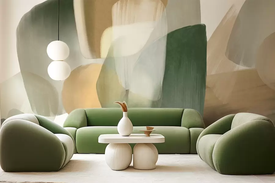 Papier peint photo Formes abstraites texturées dans des tons verts et beiges discrets, aux contours flous et aux couches superposées. w09642