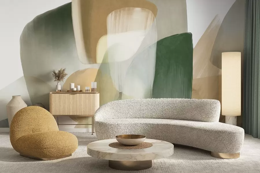 Papier peint photo Formes abstraites texturées dans des tons verts et beiges discrets, aux contours flous et aux couches superposées. w09642