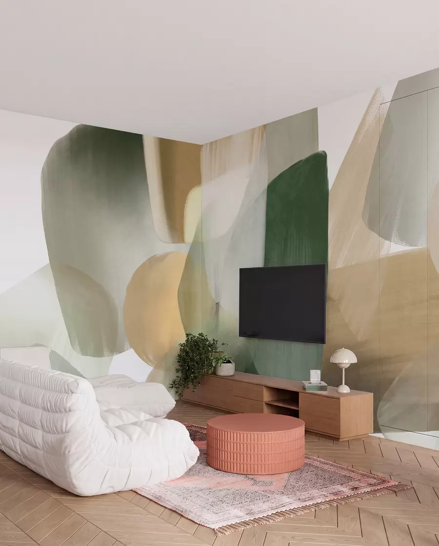 Fotobehang Abstracte vormen met textuur in gedempte groene en beige kleuren, met zachte randen en overlappende lagen. w09642