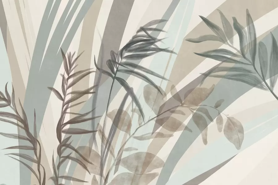 Papier peint photo Hautes herbes texturées et feuilles dans des tons terreux discrets, avec des lignes abstraites en arrière-plan, créant un imprimé organique. w09643