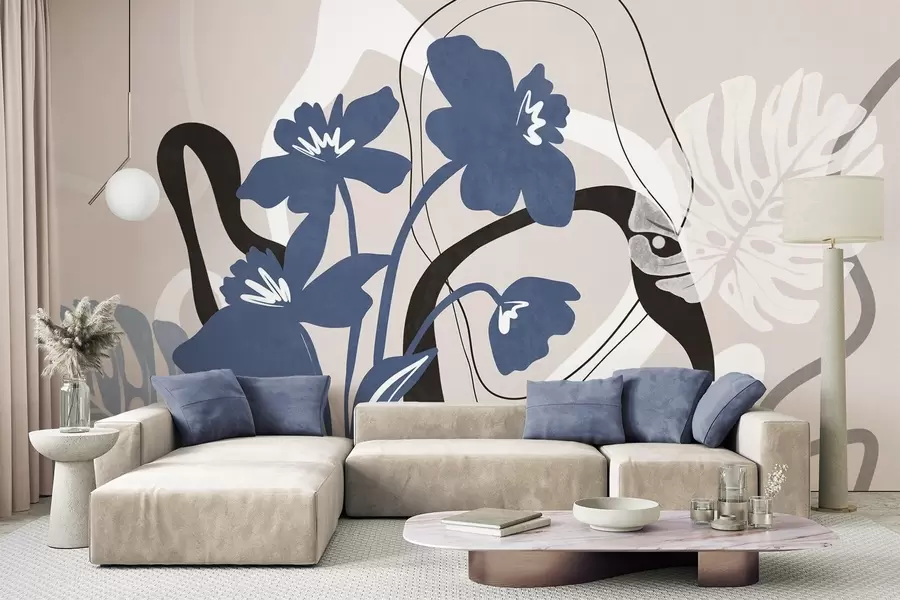 Fotobehang Abstracte blauwe bloemen met textuur en witte en zwarte vormen tegen een lichtbeige achtergrond, minimalistische kunst w09645