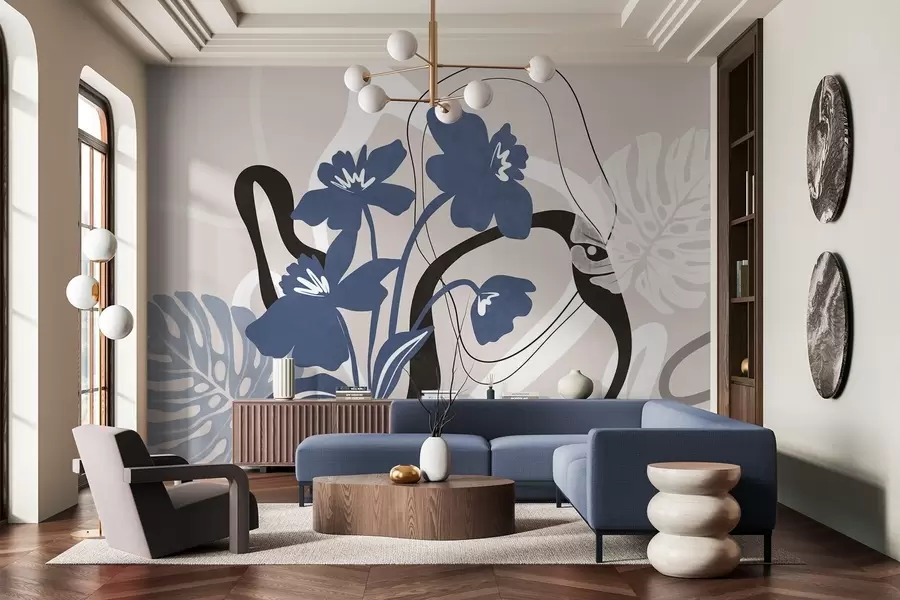 Papier peint photo Fleurs bleues abstraites texturées avec des formes blanches et noires sur fond beige clair, art minimaliste w09645