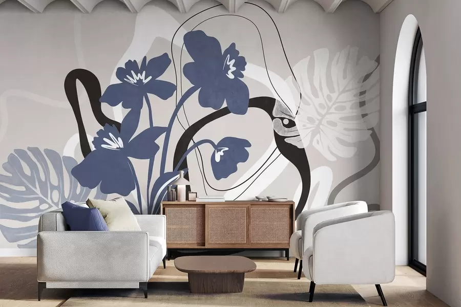 Papier peint photo Fleurs bleues abstraites texturées avec des formes blanches et noires sur fond beige clair, art minimaliste w09645