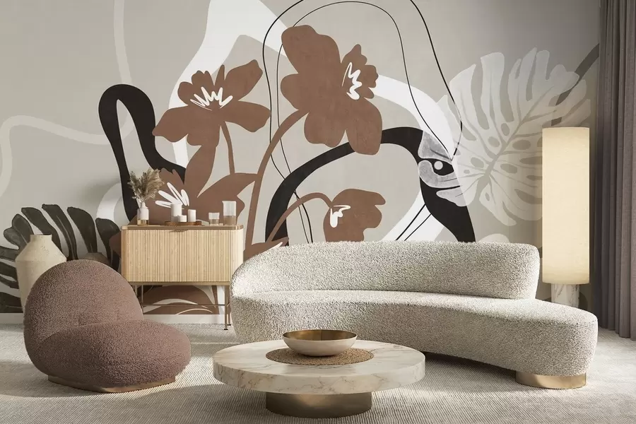 Papier peint photo Fleurs brunes abstraites texturées avec des formes blanches et noires sur fond beige, art minimaliste w09645v1