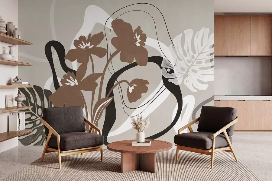 Papier peint photo Fleurs brunes abstraites texturées avec des formes blanches et noires sur fond beige, art minimaliste w09645v1