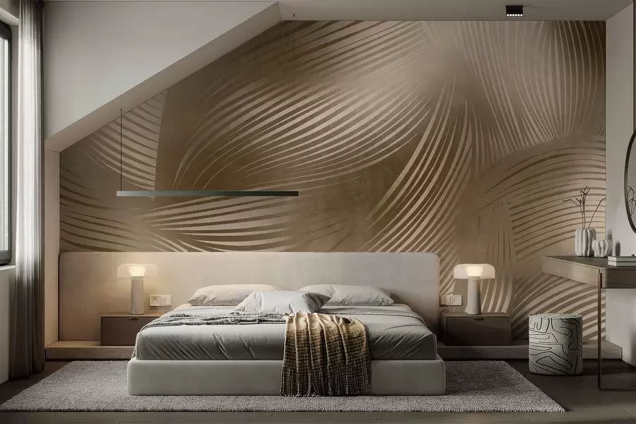 Fotobehang Abstracte print van vloeiende, gebogen lijnen in donkerbruine tinten die een gestructureerde, moderne kunst creëren. w09646