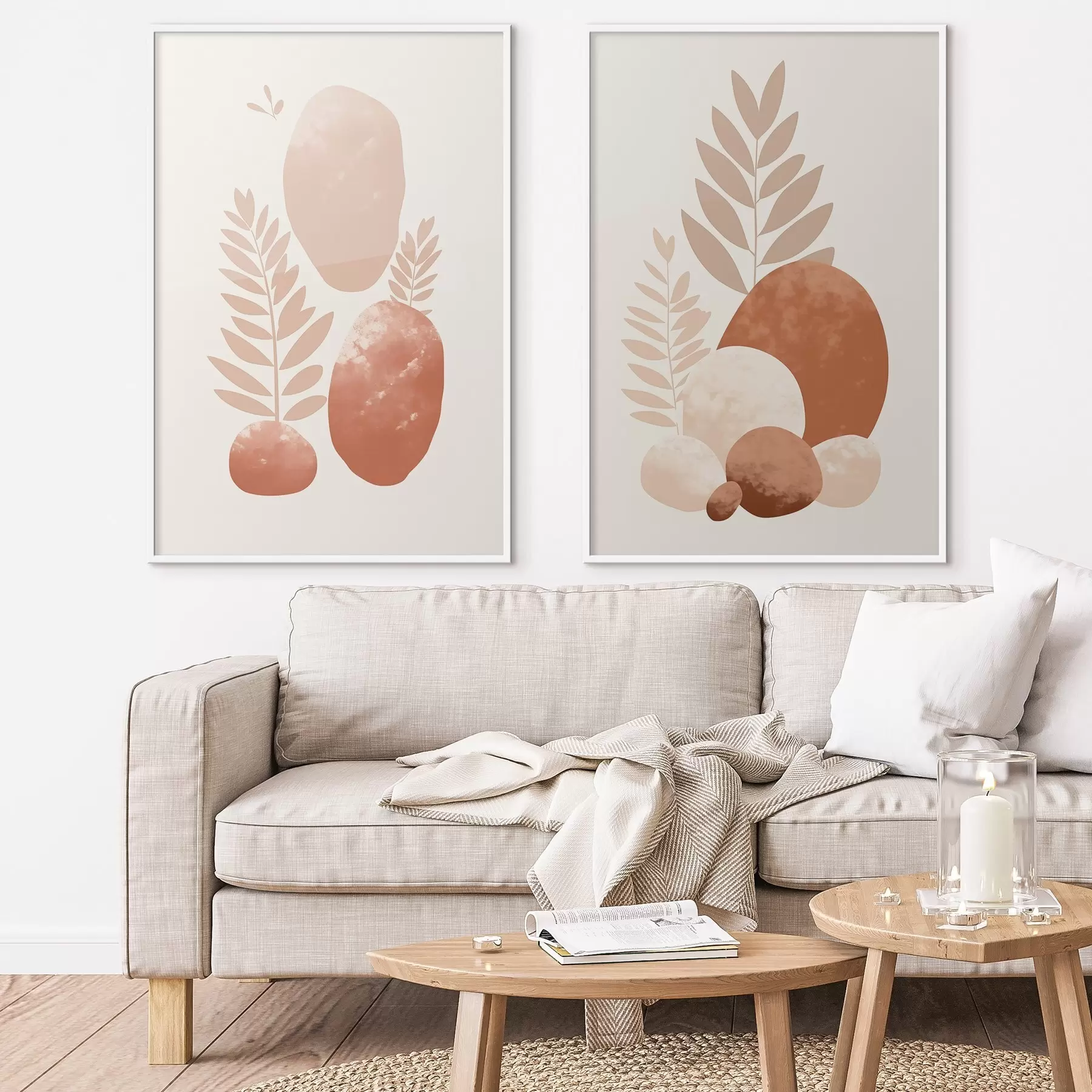 Papier peint photo Formes abstraites, pierres texturées et feuilles dans des tons pêche et terre cuite discrets, minimalistes, fond crème. d01114