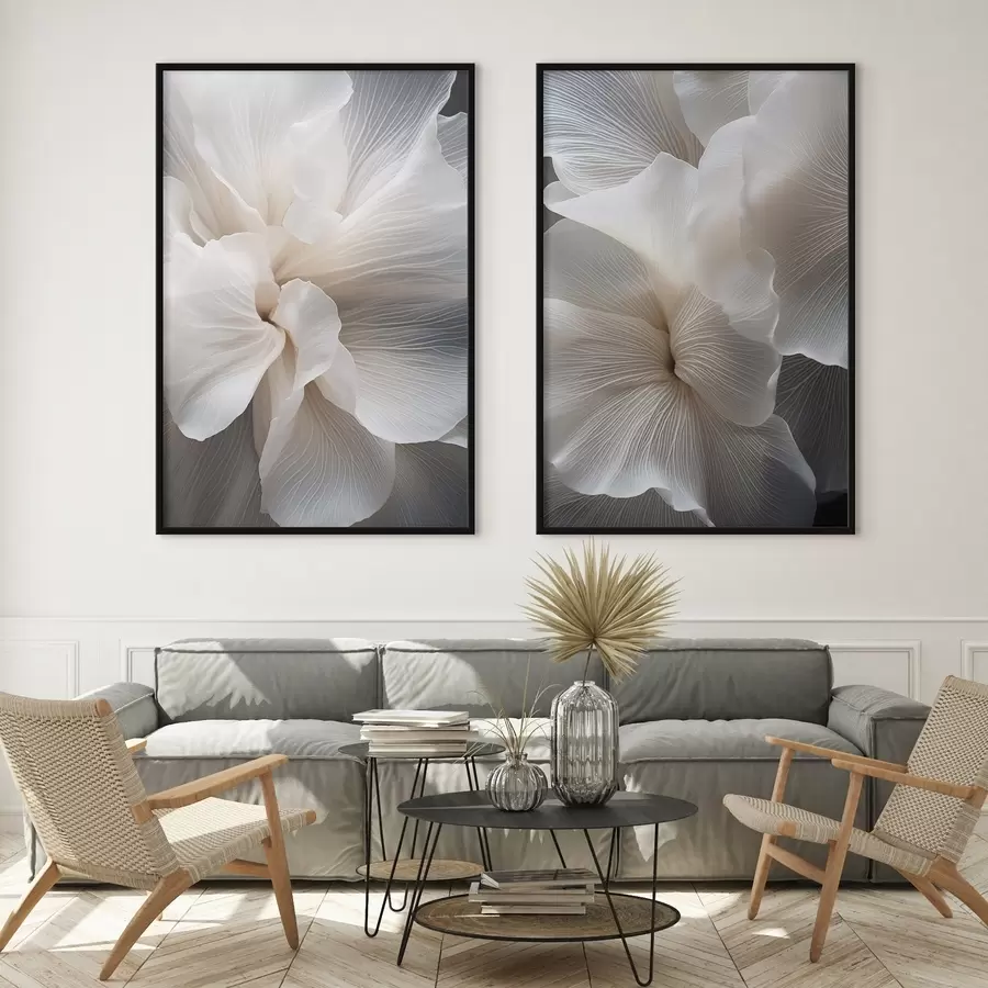 Papier peint photo Gros plan sur de délicats pétales de fleurs blancs abstraits aux lignes complexes et au fond sombre flou d01117