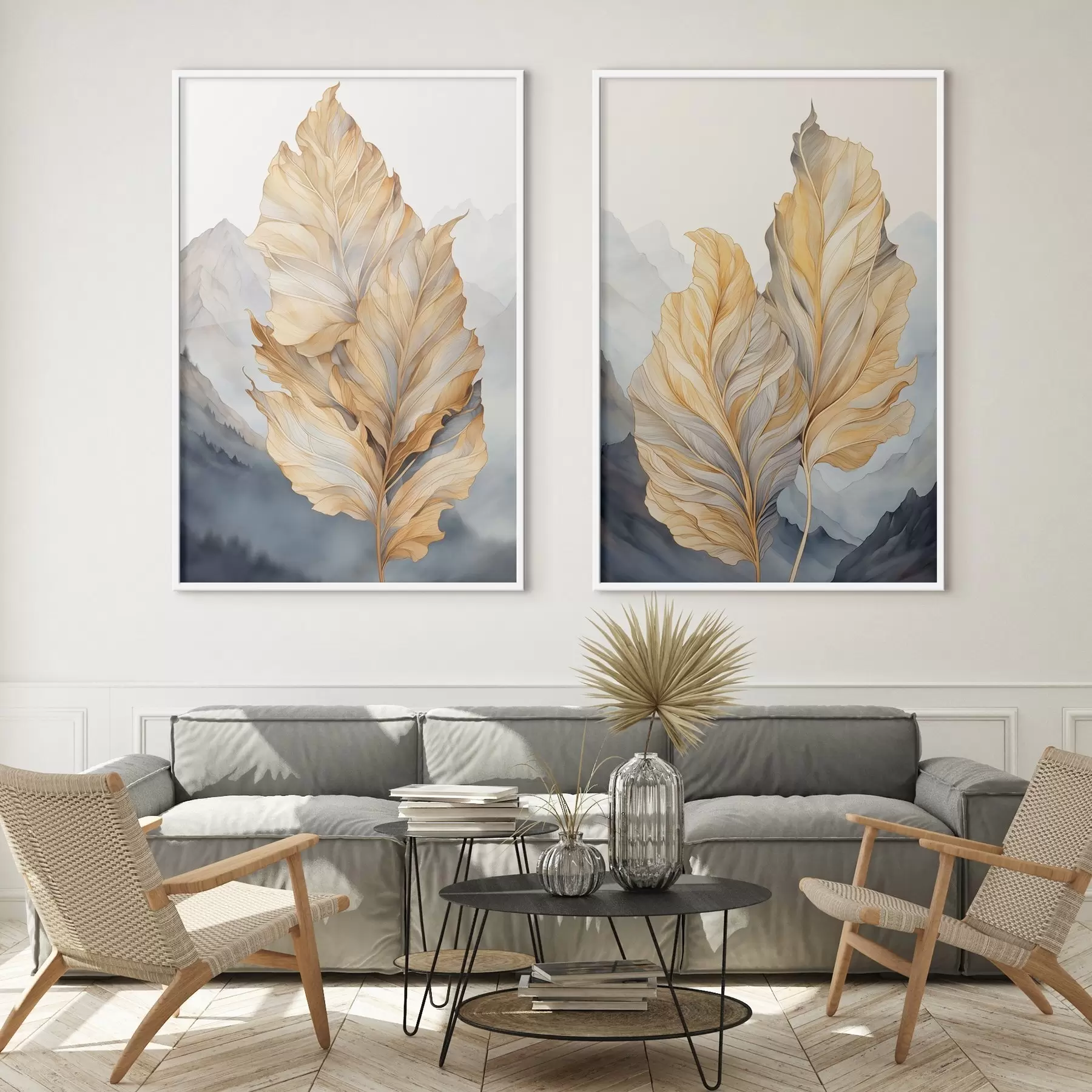 Fotobehang Abstracte grote, gele en bruine bladeren met ingewikkelde details, tegen een berglandschap d01119