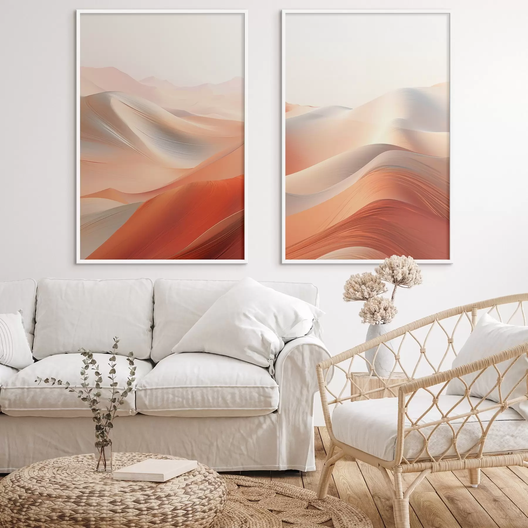 Fotobehang Abstract woestijnlandschap met vloeiende zandduinen in warme oranje en witte tinten d01123