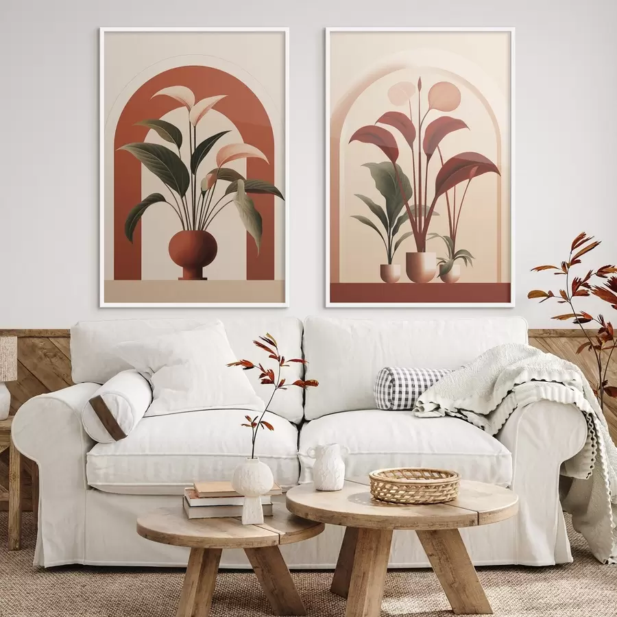 Papier peint photo Plantes en pot abstraites avec de grandes feuilles vertes et rouges devant une arche de couleur crème. d01124