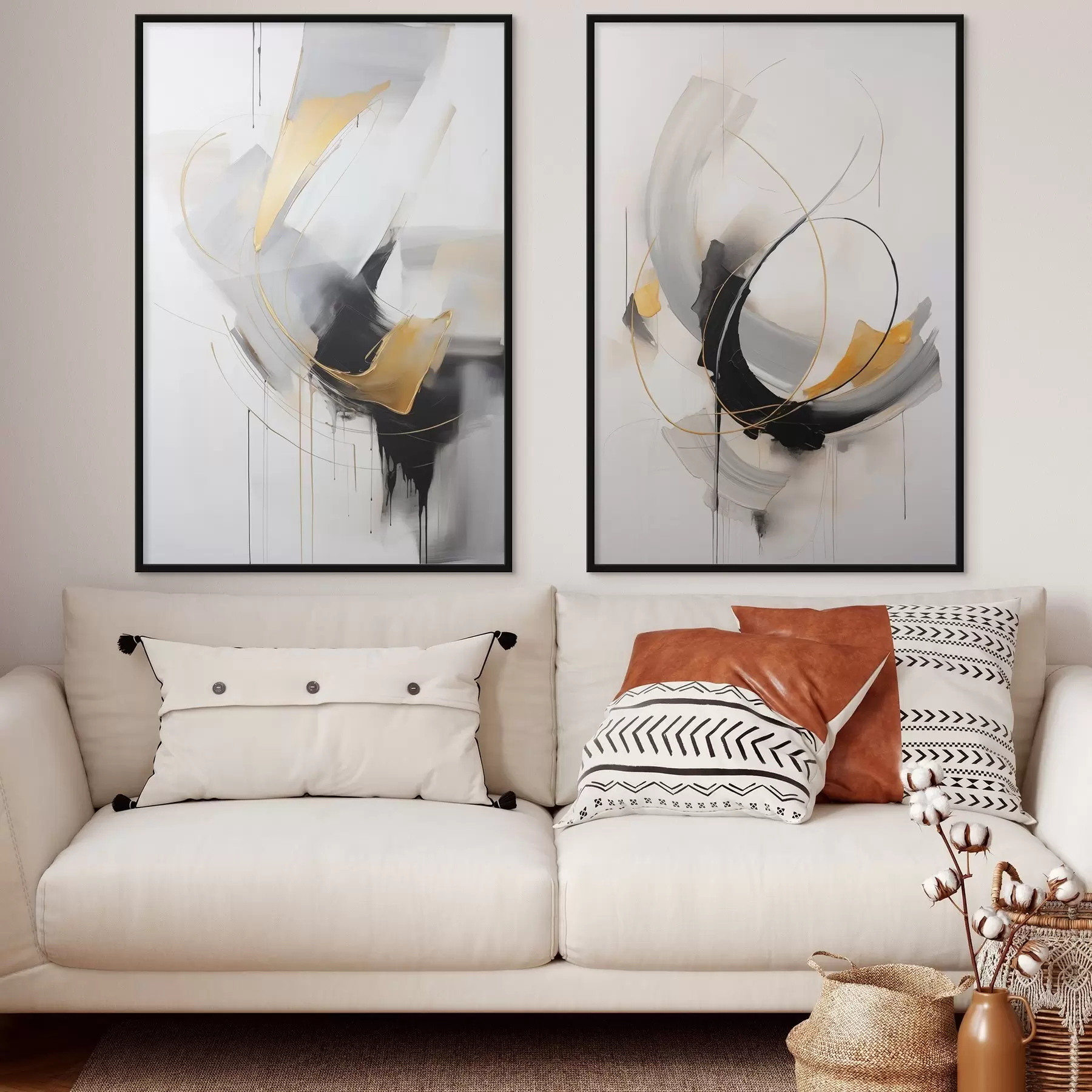 Fotobehang Abstract schilderij met gele en zwart-witte penseelstreken, dynamische lijnen d01125