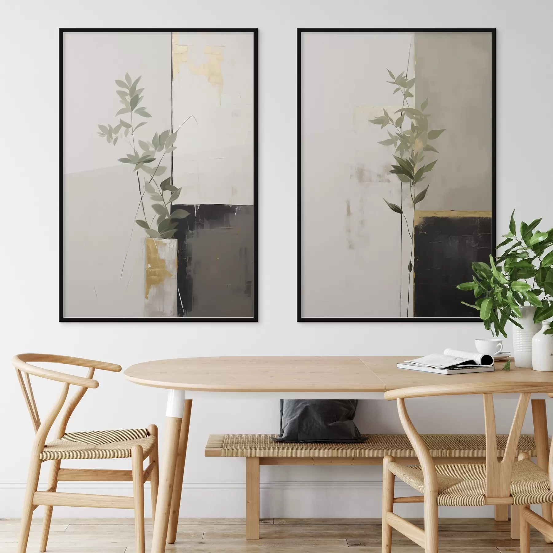 Papier peint photo Une peinture minimaliste texturée représentant un vase avec des feuilles vertes sur fond de formes géométriques abstraites. d01126